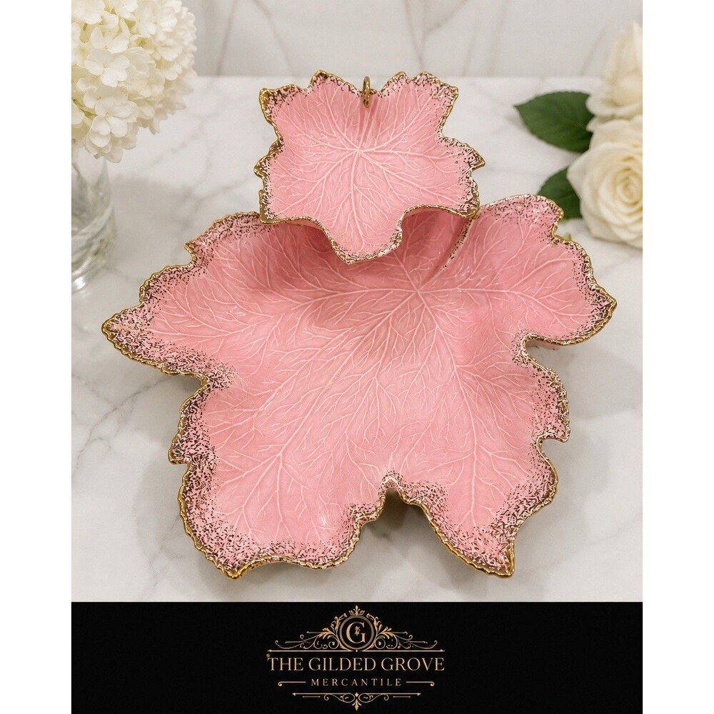 Vintage MCM California Originals Pink Gold Leaf Chip Dip Set USA Pottery EUC